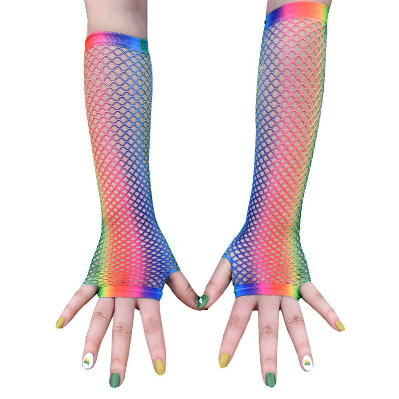 1 para seksownych dziewczyn Punk Goth Dance rękawiczki z siatki Neon kabaretki bez palców długie rękawiczki nogawki bransoleta mankiet ubrania imprezowe przebranie dla kobiet