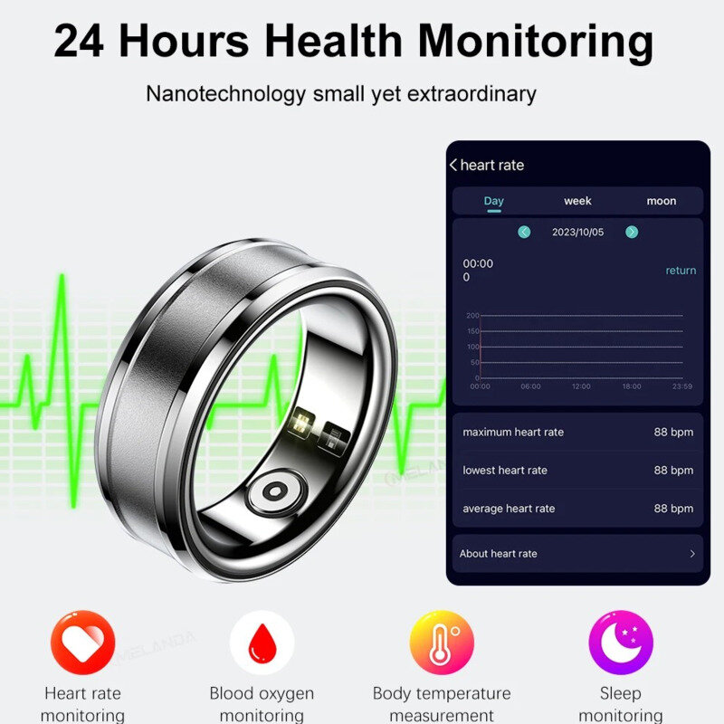Monitor de ritmo cardíaco y temperatura corporal para hombres y mujeres, rastreador de salud deportivo, resistente al agua IP68, para Android e IOS, 2024
