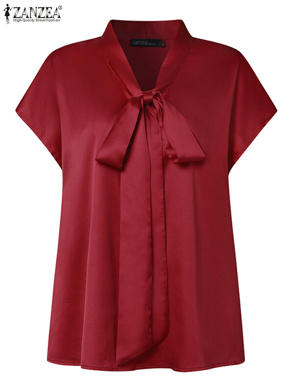 Блузка ZANZEA Женская атласная с бантом на шее, Элегантная Модная однотонная офисная рубашка с рукавами «летучая мышь», в повседневном стиле, лето 2024