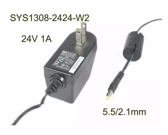 Adaptor daya SYS1308-2424-W2, 24V 1A, barel 5.5/2.1mm, US 2-Pin Plug