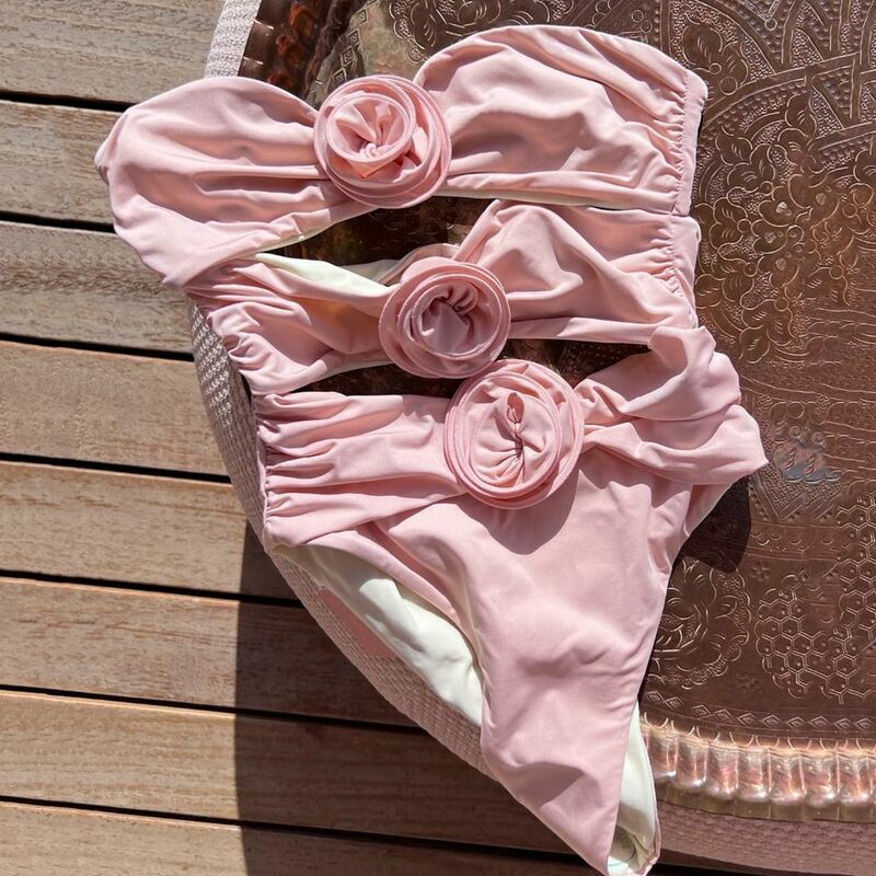 Hollow Out Swimwear 2024 Sexy Beige Pink Black Women Swimsuit Padded Bra High Waist Beach Suit