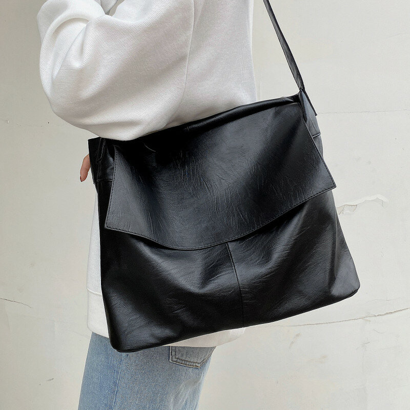 Big กระเป๋า Messenger สีดำหญิงหรูหราหนังกระเป๋าสะพายขนาดใหญ่ความจุทั้งหมดตรงกับกระเป๋าถือผู้หญิ...