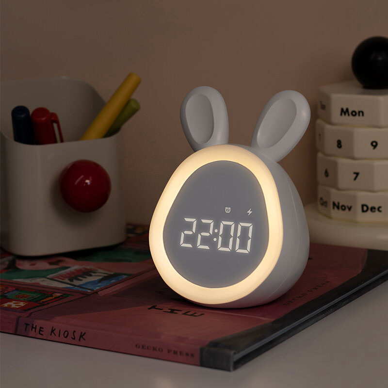 Lámpara de reloj de conejo redondo de dibujos animados para niños, luz de noche LED Mini inteligente para estudiantes, despertador, sueño, lindo