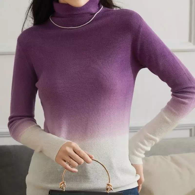 Hanging Dyed Sweaters Women Autumn and Winter Fashion Patchwork Color Sweater Casual Turtleneck Knitwear Slin Fit Pullover 29587