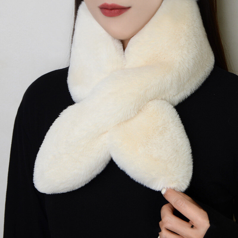 1PC New Fake Rabbit Fur Collar Scarf Solid Color Cross Thickening Keep Warm Scarf Women Autumn Winter Fashion Plush Neckband