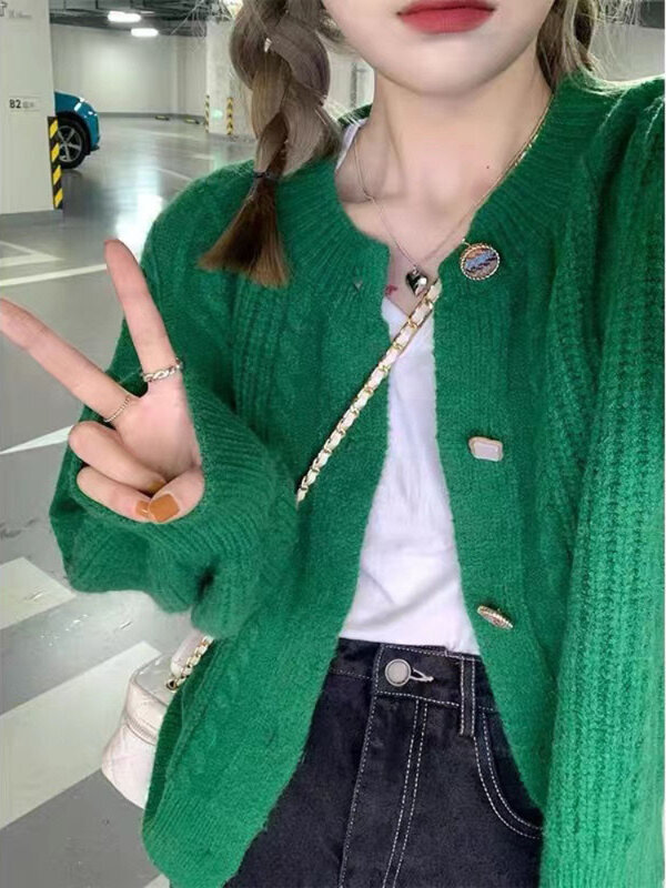 Deeptown Vintage hijau, kardigan crop Harajuku ukuran besar Sweater rajut Korea kasual lengan panjang atasan 90s Streetwear