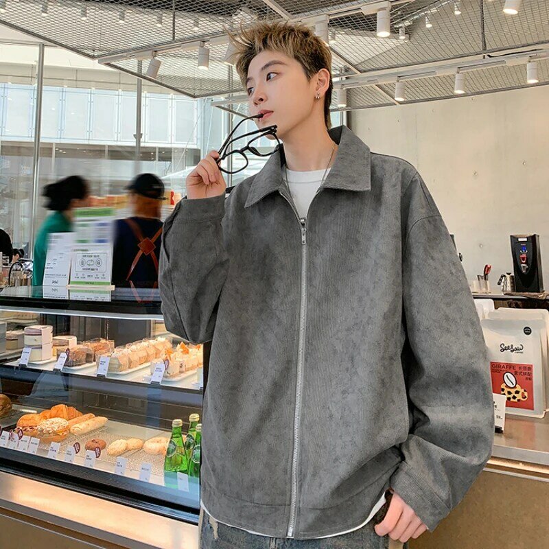 Men Fashion Jackets Long Sleeve Pure Hipster College Office Lapel Autumn Retro Y2k Korean Style Luxury Simple Korean Zipper Fit