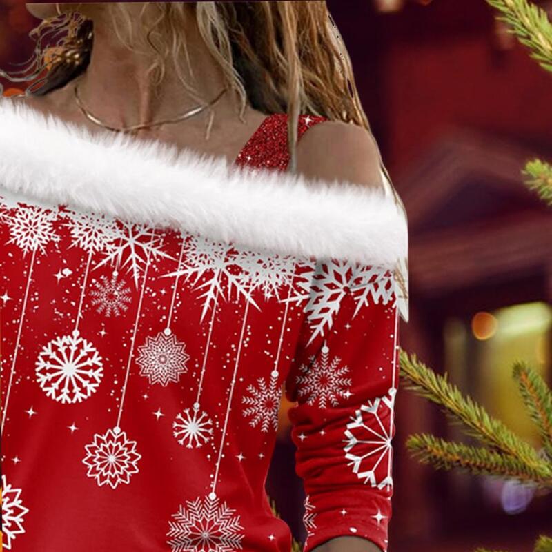 Lantejoula de floco de neve feminino um ombro Top natalino, pulôver quente festivo para festa de ano novo senhora oblíqua