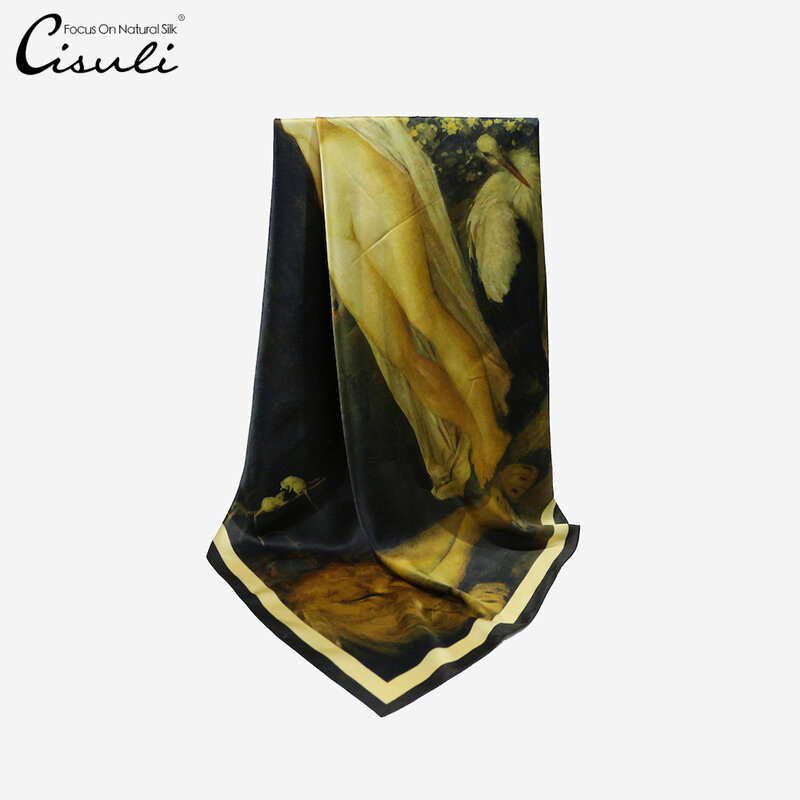 CISULI Silk Square Scarf 100% Mulberry Silk Satin Scarf 90cm Square Printed Head Scarf Oil Painting Pattern