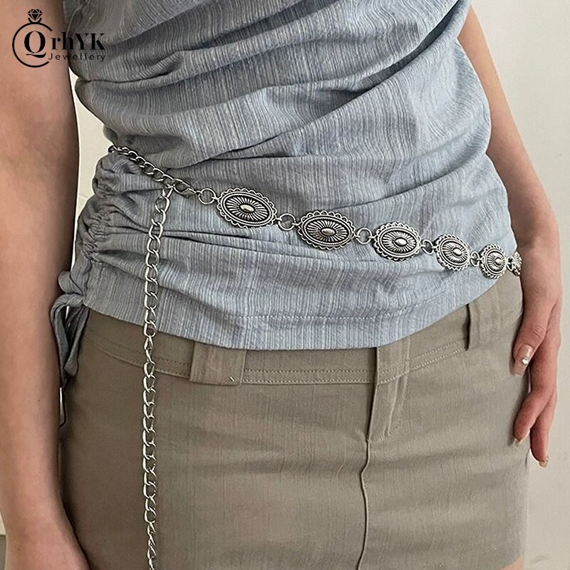 Cinto de cintura feminino com fivela de flor esculpida, ajustável, estilo étnico, metal, camisa, vestido, 1pc