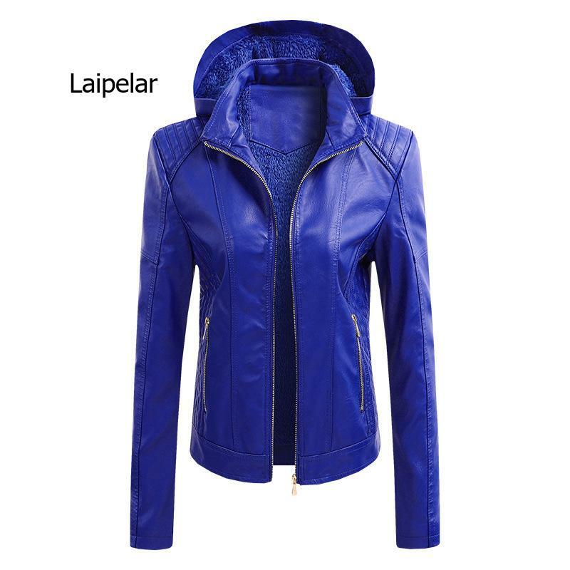 2021 nowe Faux kurtki ze sztucznej skóry kobiet kurtka z kapturem kieszenie płaszcz z suwakiem Slim kurtka motocyklowa niebieski czerwony odzież damska