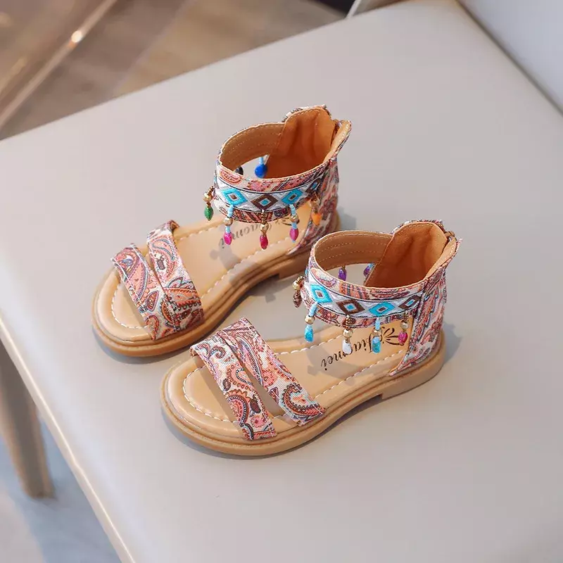Sandalias planas de estilo bohemio para niñas, sandalias romanas de Punta abierta con borla Retro, informales, de princesa, de verano