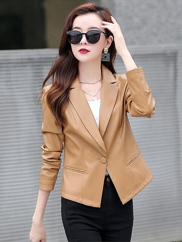 새로운 패션 디자이너 블레이저 양 가죽 2023년 여성용 클래식 싱글 버튼 슬림핏 재킷 짧은 양가죽 코트 사이즈 M-5XL