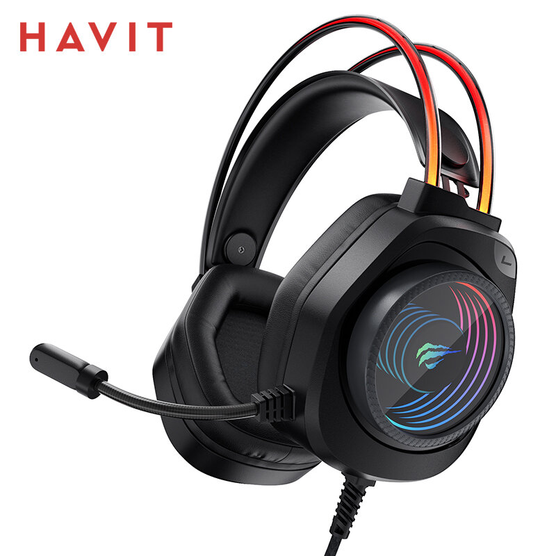 HAVIT H2016d RGB Headphone Gaming dengan Mikrofon 3.5Mm Headset Berkabel Gamer Suara Surround Overear untuk PC PS4 PS5 Xbox Switch Laptop