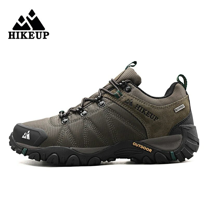 HIKEUP-zapatos de senderismo para hombre, calzado deportivo de cuero genuino, resistente al desgaste, con suela de goma, para las cuatro estaciones