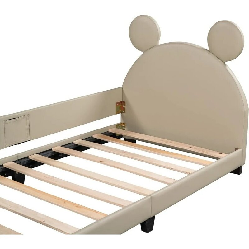 Children's bed frame, children's wooden double bed, with mouse ear headboard, no need for spring box, low platform bed frame