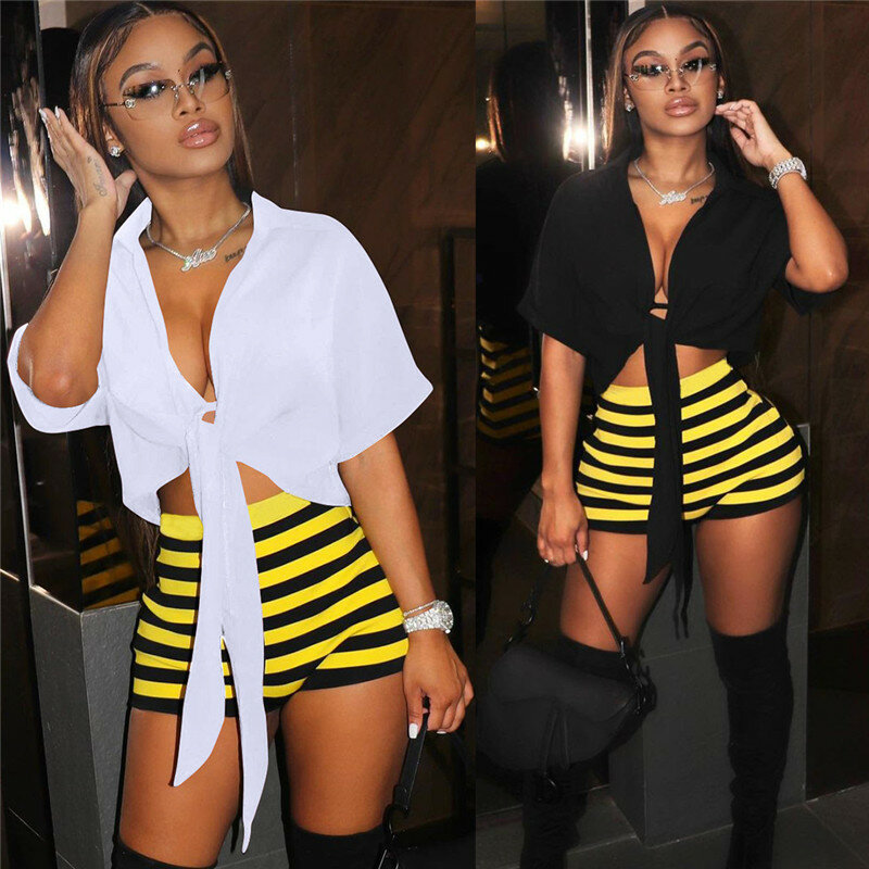 Sexy Party Club Two Piece Set Women Half Sleeve V-neck Ribbon Up Shirt Top + Strip Print Shorts Sets Ladies Casual Beach Outfits