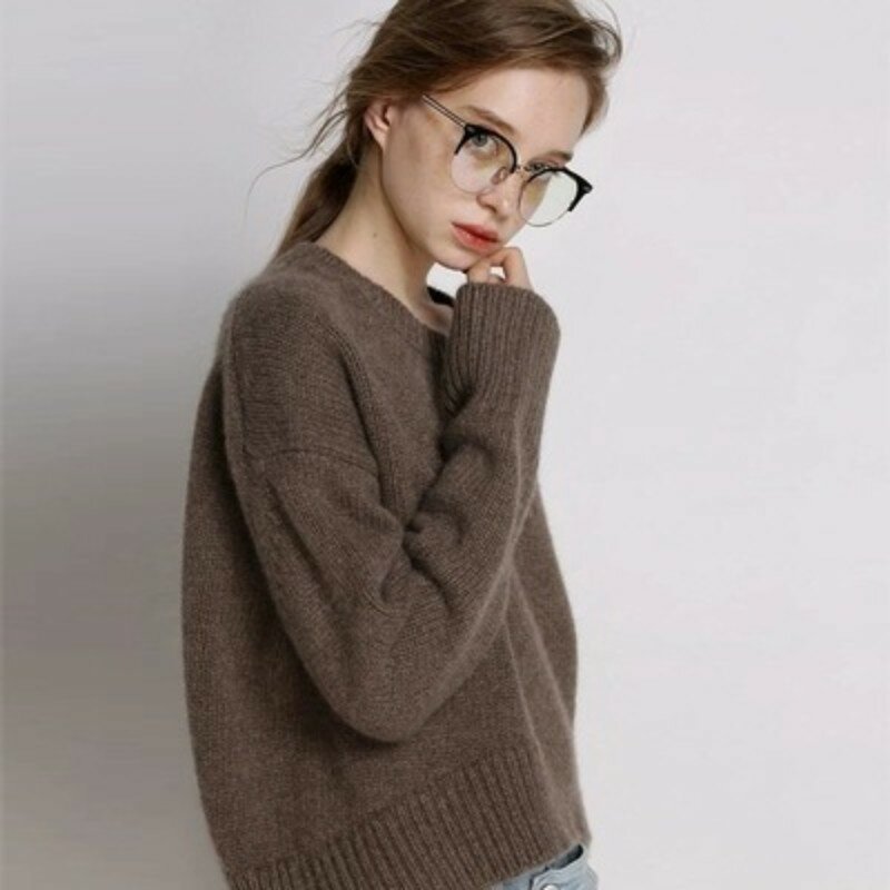 Suéter feminino grosso com gola redonda, 100% caxemira, malha solta, outono e inverno, novo, 2023