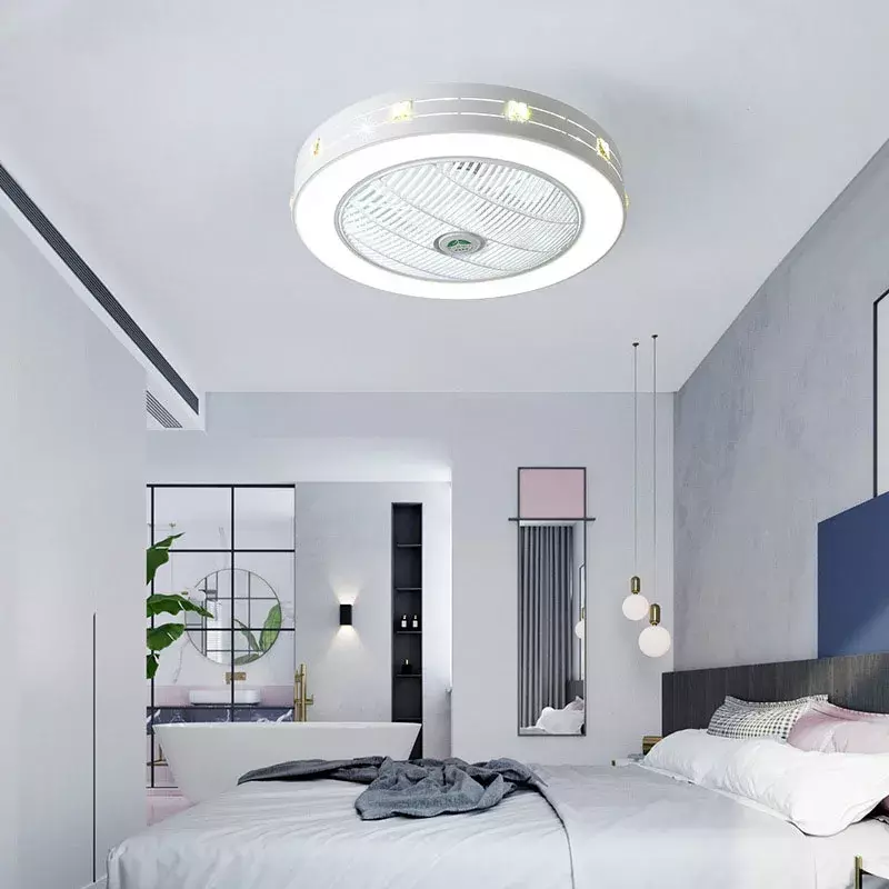 Ventiladores de teto modernos com controle remoto, Branco Pintado Ferro Acrílico LED Fan Light, Lâmpada Regulável, Quarto e Sala