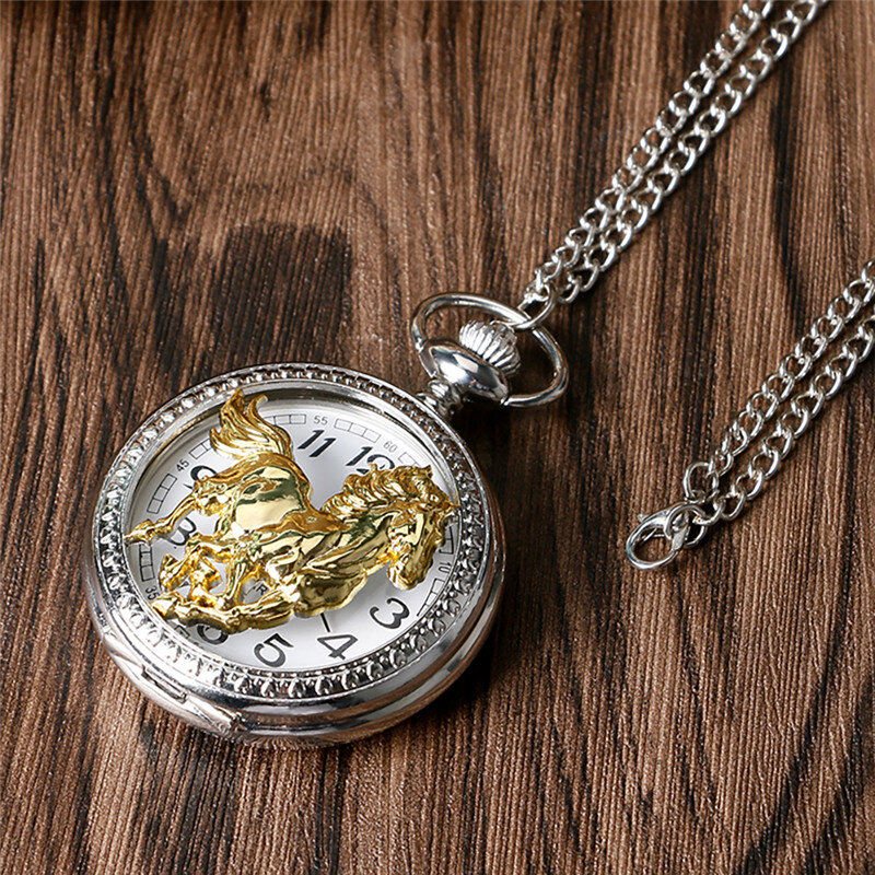 Silver Hollow Golden Horse Chinese Style Zodiac Men Women Quartz Analog Pocket Watch Sweater Necklace Chain Vintage Gift Clock