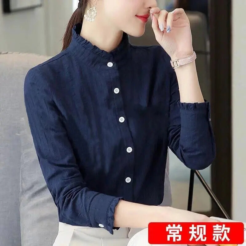 Camisa de manga larga profesional para mujer, cárdigan de manga larga con borde de auriculares, chaqueta coreana, novedad de primavera, 2024