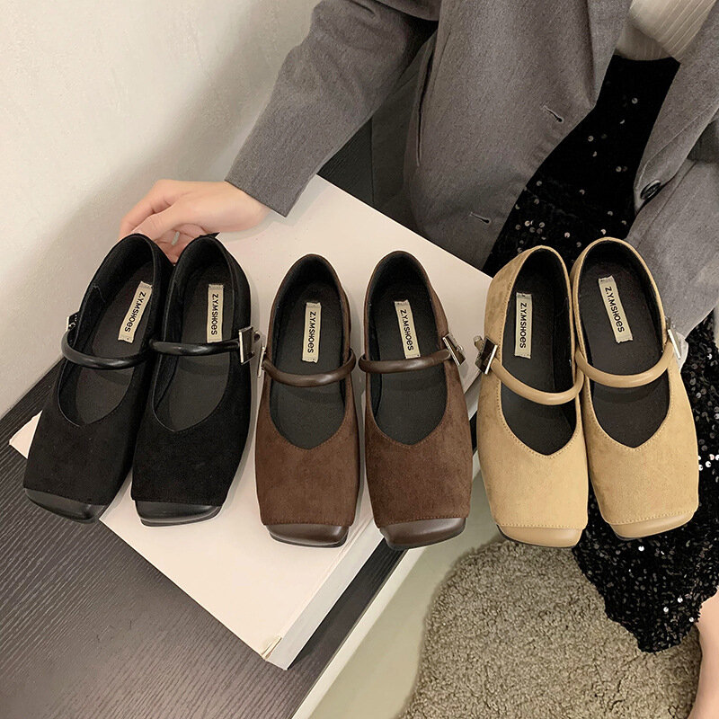 Comemore Flat Suede Mary Jane Shoes 2024 New Spring French Retro Square Toe Soft Bottom Shoe Summer Sandals Comfortable Pumps