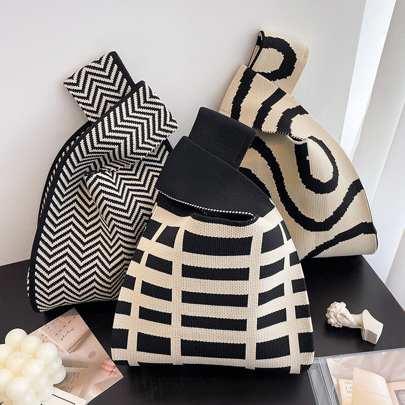 Bolsa de mão tricotada para mulheres, mini bolsa listrada portátil, sacos de telefone de balde, grande capacidade, bolsa de pulso artesanal, bolsas para outono e inverno
