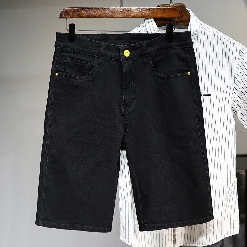 Джинсовые шорты мужские с разрезом, облегающие прямые штаны средней длины, повседневная одежда для работы, большие размеры 44 46, черные, на лето