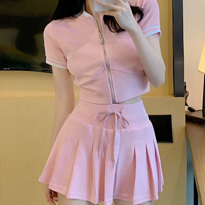Sweet Spicy Girls College Casual Top Pleated Skirt Two-piece Set Women Lace Up Stand Collar Zipper Fashion Slim Summer Chic Suit