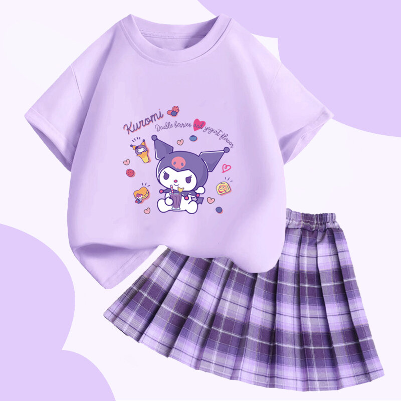 Sanrio Kuromi Girl College Style T-Shirt and Skirt Set Cinnamoroll My Melody Summer New Girl Set Children's Style Pleated Skirt