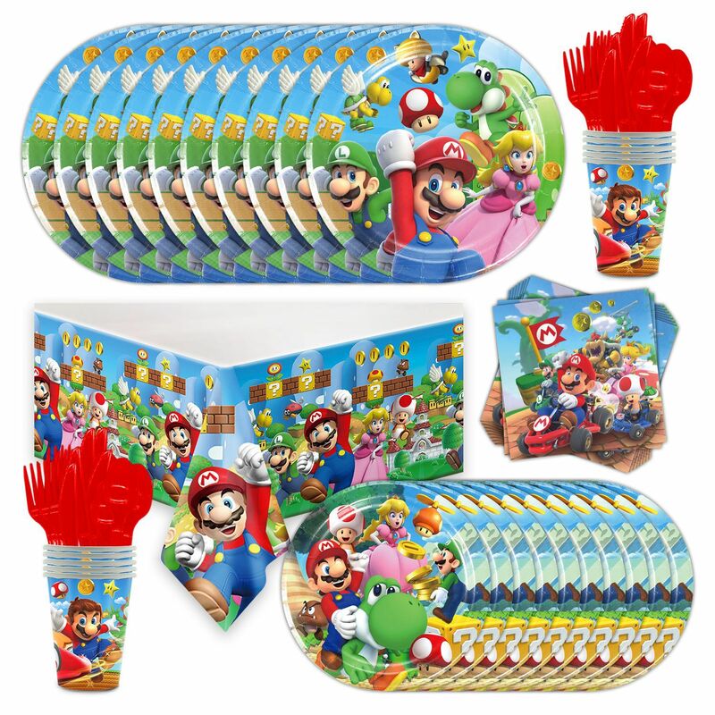 Fournitures de fête d'anniversaire Super Mario, assiette de poulet, couteau à mouchoirs en papier, fourchette, grande table, gril, vacances, décoration de fête de mariage