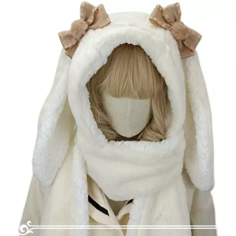 Harajuku Lolita Bunny Ears Kawaii Cute Plush Hat Scarf Gloves Cycling Cap Winter Warm Soft Thickening Pocket Hats Gorros Hooded