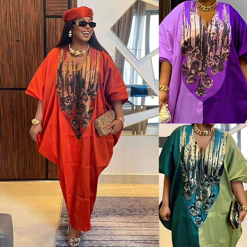 2024 afrikanische Plus Size Kleider für Frauen Herbst Frühling elegante V-Ausschnitt Party Abend Maxi kleid Boubou muslimische Mode Kaftan