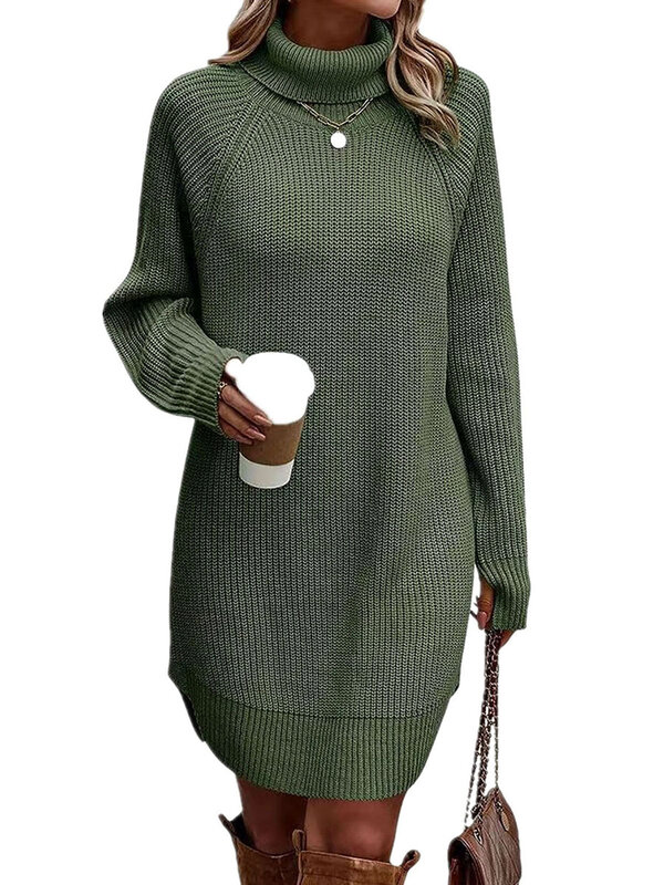 Mini vestido de punto de cuello alto de manga larga para mujer, vestido de suéter informal, Color sólido, otoño