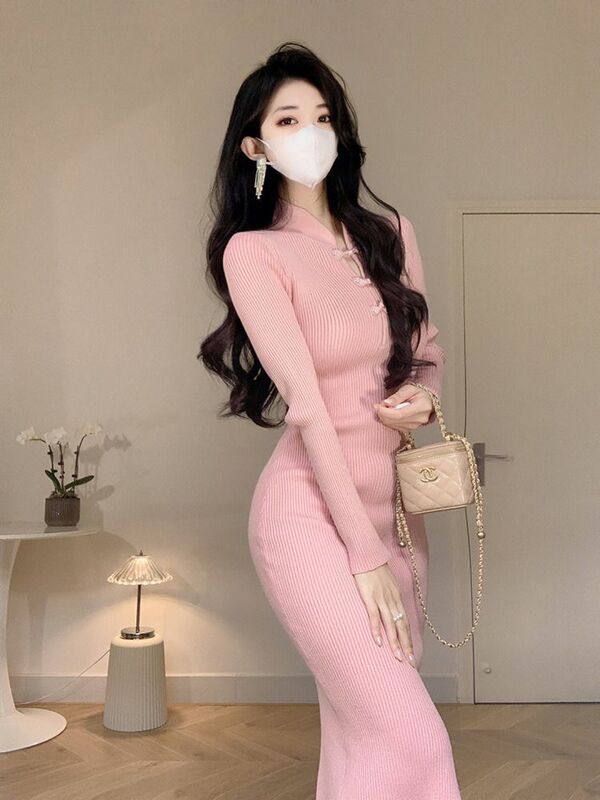 New Chinese Style Pink Gentle Young Lady elegante Gentle Pure Desire Women Knitting Daily Cheongsam Bottoming Sexy Qipao Dress