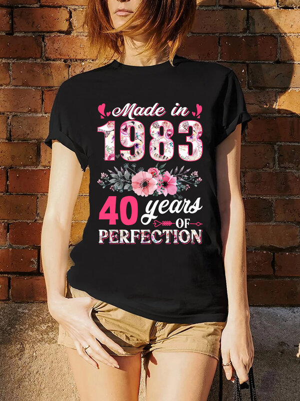 Camiseta con estampado Floral Harajuku para mujer, regalos de cumpleaños de 40 años, fabricado en algodón informal, moda de verano, 100%, 1983