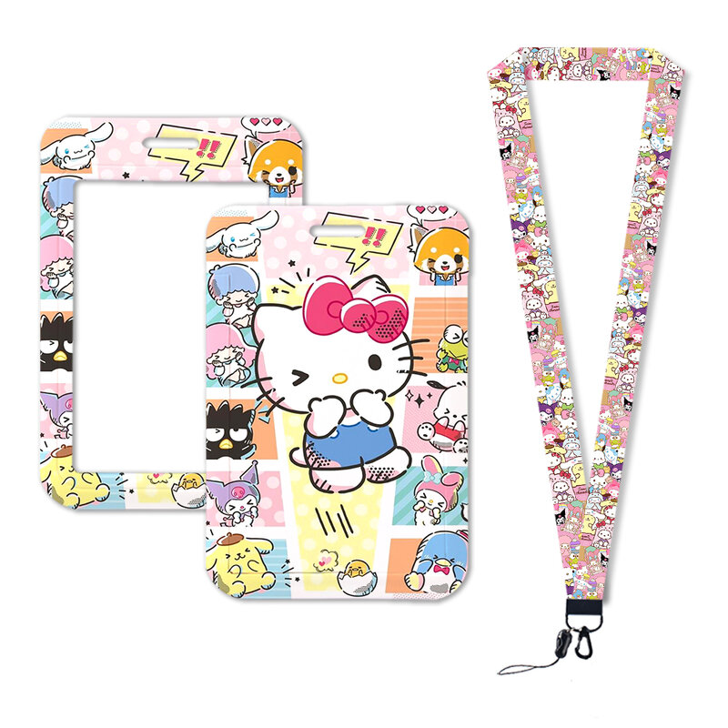W Sanrio Tarjeta de comida de la Universidad de Hello Kitty, correa para el cuello, cordones, soporte para insignia de identificación, llaveros para niñas y estudiantes, accesorios para niños, regalos
