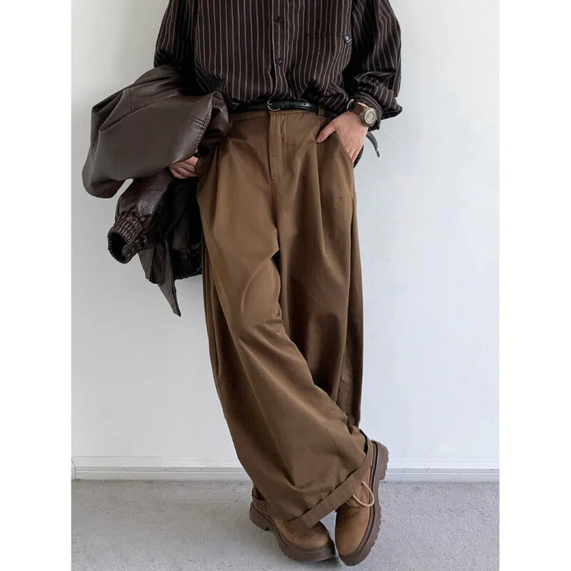 Japoński styl Retro Jednokolorowe spodnie Cargo Męskie wiosenne jesienne modne luźne proste spodnie z wysokim stanem i szerokimi nogawkami