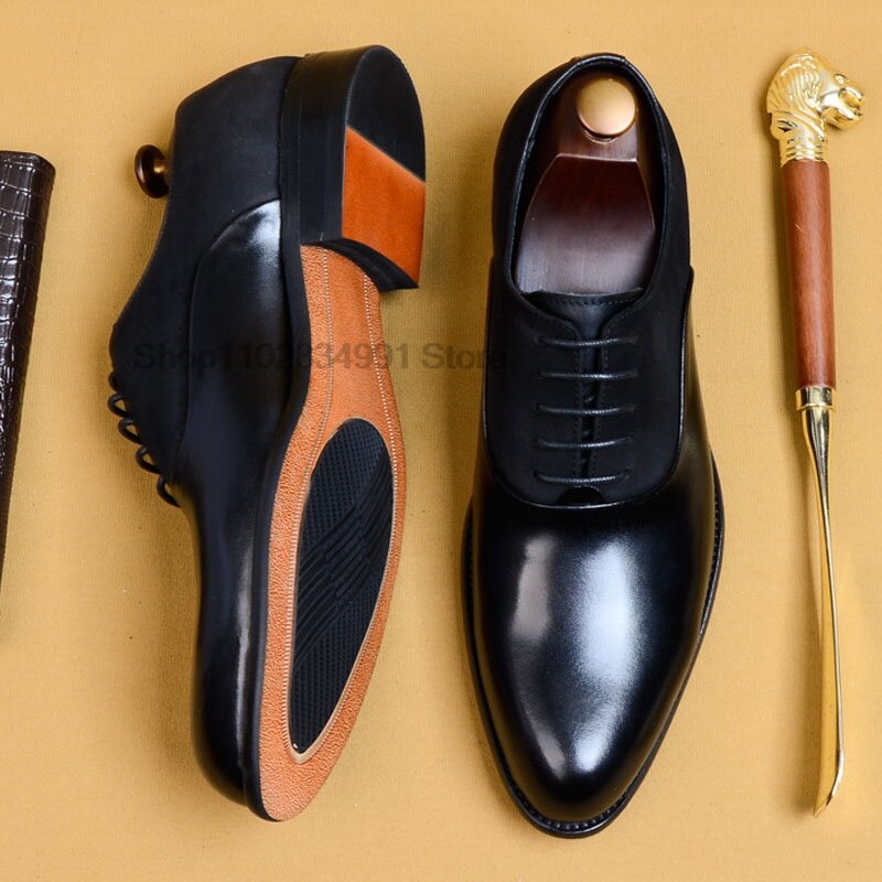 Hnxc-sapatos oxford de couro genuíno para homens, sapatos clássicos com cordões, preto e marrom, para casamento, escritório e negócios