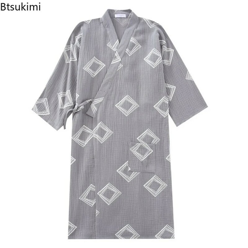 メンズコットンクレープ布パジャマ、日本の着物カーディガン、2層パジャマ、男性用快適バスローブ、プリントホームウェア、アームドレス