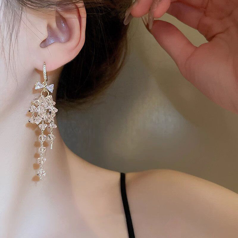 Bogen Ohr Schnalle Temperament Fransen Ohrringe für Frauen Nische Design Sinn lange Ohrringe