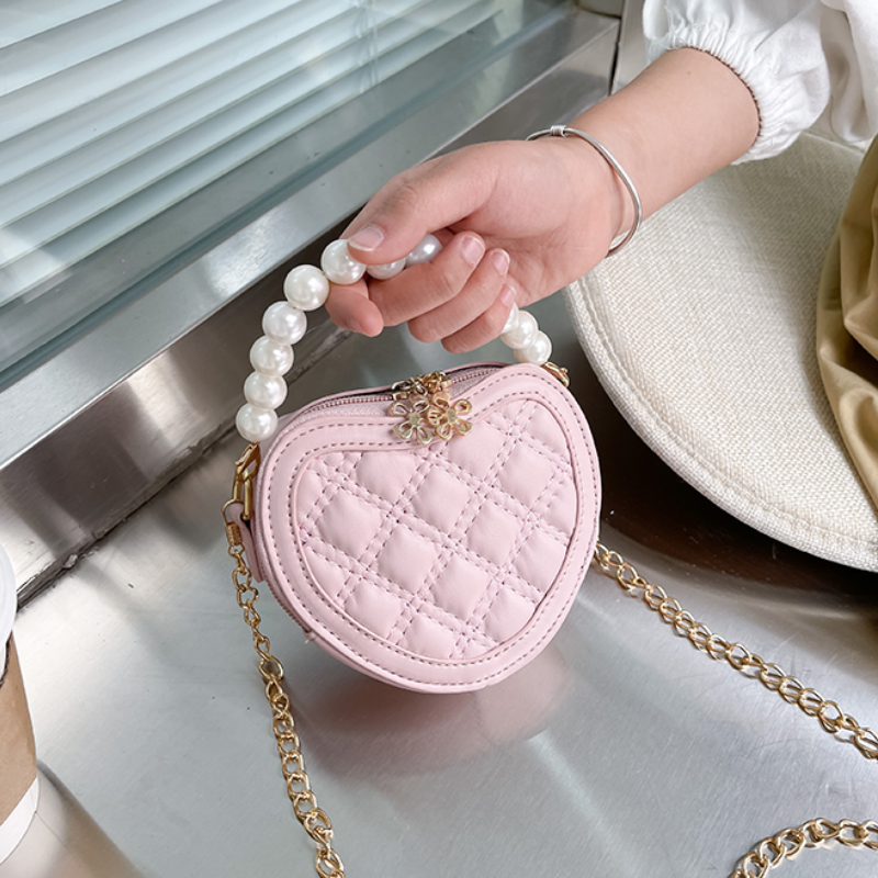 Borsa a tracolla Mini borsa a tracolla per ragazze con manico in perla portafoglio principessa portamonete borse a tracolla a forma di cuore per bambini carini