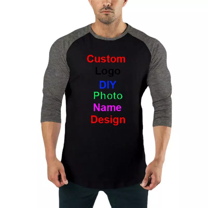 Op Maat Gemaakte Diy Merk Logo Herfst Mode Driekwart Mouw Fitness T-Shirt Mannen Patchwork O-hals Gym T Shirts Slanke T-Shirts