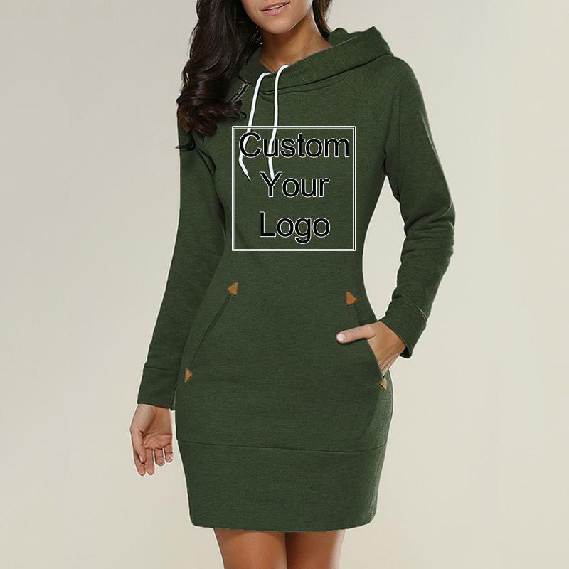 Benutzer definierte Logo Frühling Herbst Kapuze Kordel zug Damen Sweatshirt Kleid Mode solide Tasche Paket Hüfte Damen Mini kleider