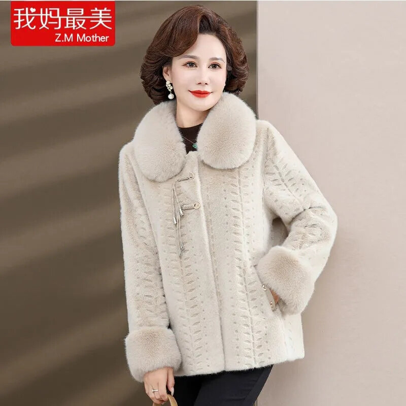 Mom's Spring and Autumn Fashion Imitation Mink Fleece Coat Noble Middle Old Age Women's Autumn Wear Casual Wool Top Short Women