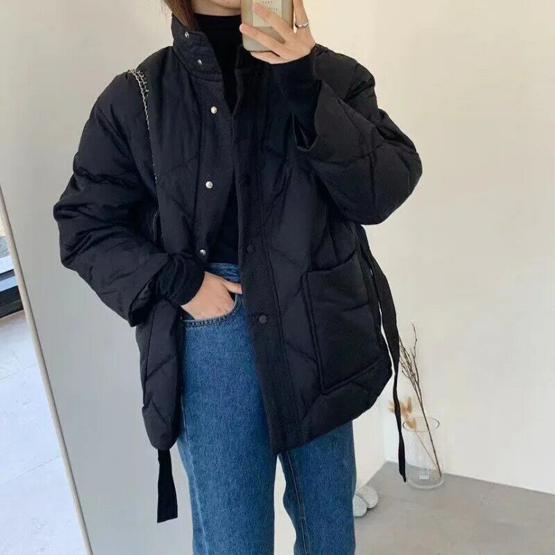 Casual Basics Single Breasted Parkas Retro Belted Jacket 2023 Winter Women Oversized Outerwear Fashion Warm Thick Solid Coat