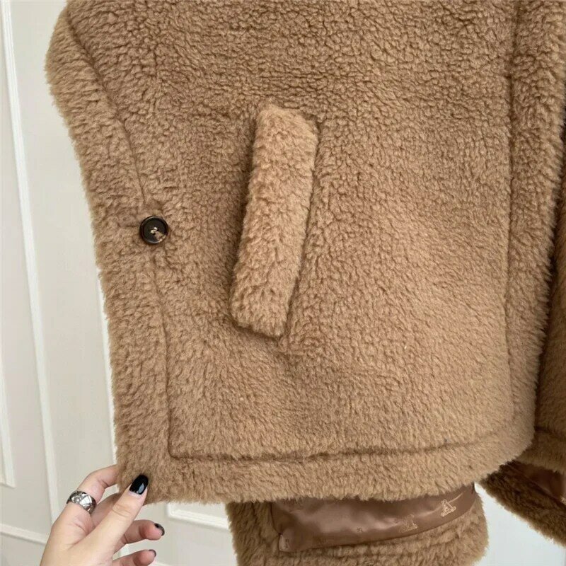 MAX Teddy Bear Shawl Female Autumn Winter Camel Jacket Gray Sheep Wool Coat Lapel Short Alpaca Silk High-end Fashion Jacket
