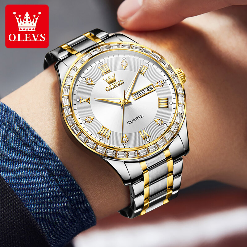 メンズクォーツ時計,高級ステンレススチール腕時計,耐水性,デュアルカレンダー,OLEVS-9906