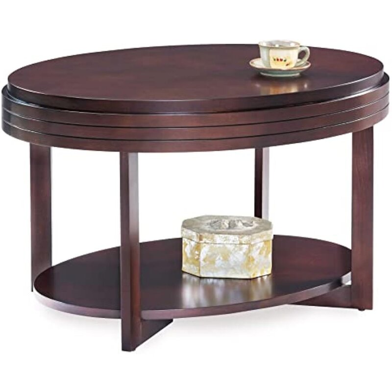 Mesa de centro pequeña ovalada con estante, mueble de lujo, Café marrón, 23X33X19