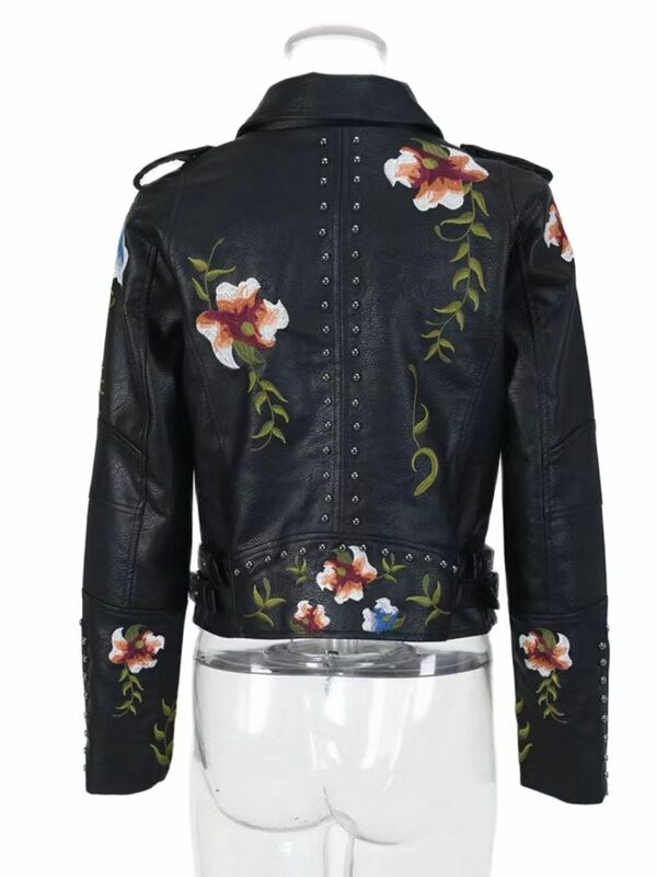 Chaqueta de piel sintética con bordado Floral para mujer, abrigo de motorista con remaches negros, estilo Punk, para primavera y otoño, 2024